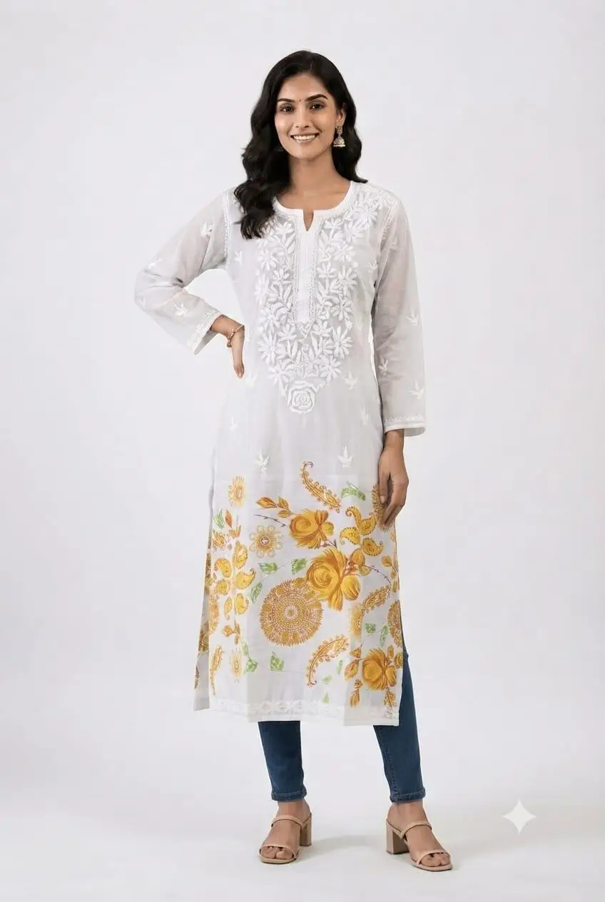 LCF Women's Mal Print Long Kurti with Ghass Patti Work - Print 09