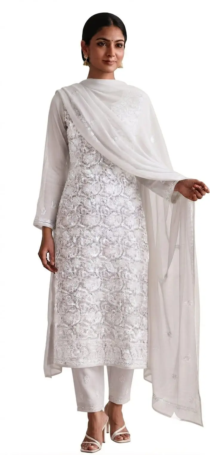 UNSTITCHED CHIFFON DRESS MATERIAL (KURTI, DUPATTA BOTTOM) - WHITE