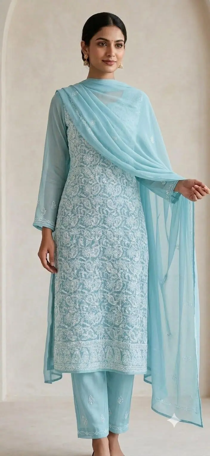 UNSTITCHED CHIFFON DRESS MATERIAL (KURTI, DUPATTA BOTTOM)- SKY BLUE