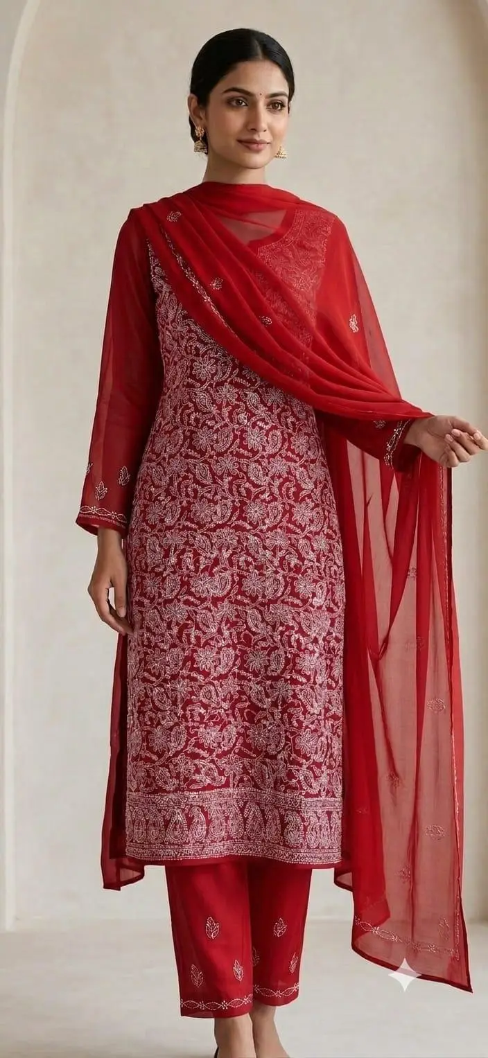 UNSTITCHED CHIFFON DRESS MATERIAL (KURTI, DUPATTA BOTTOM)- RED