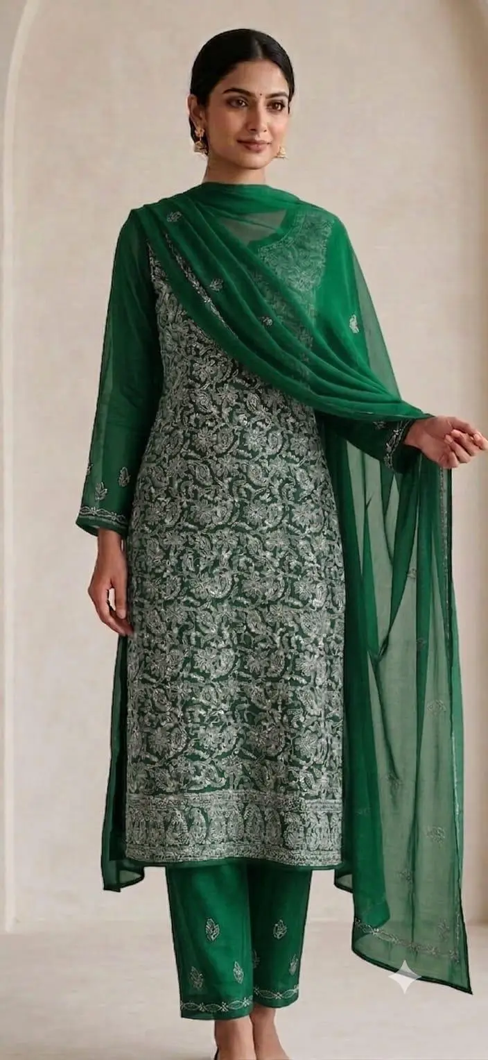 UNSTITCHED CHIFFON DRESS MATERIAL (KURTI, DUPATTA BOTTOM)- GREEN