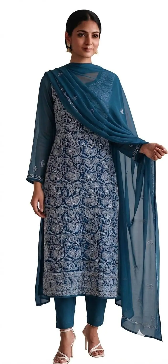 UNSTITCHED CHIFFON DRESS MATERIAL (KURTI, DUPATTA BOTTOM) - NAVY BLUE
