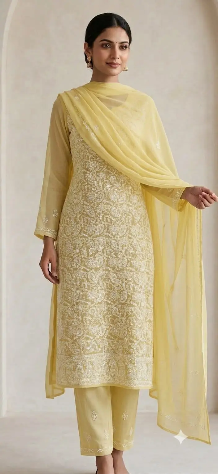 UNSTITCHED CHIFFON DRESS MATERIAL (KURTI, DUPATTA BOTTOM) - YELLOW