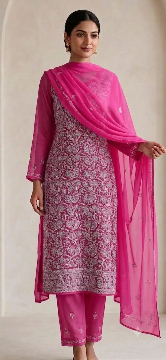 UNSTITCHED CHIFFON DRESS MATERIAL (KURTI, DUPATTA BOTTOM) - RANI PINK