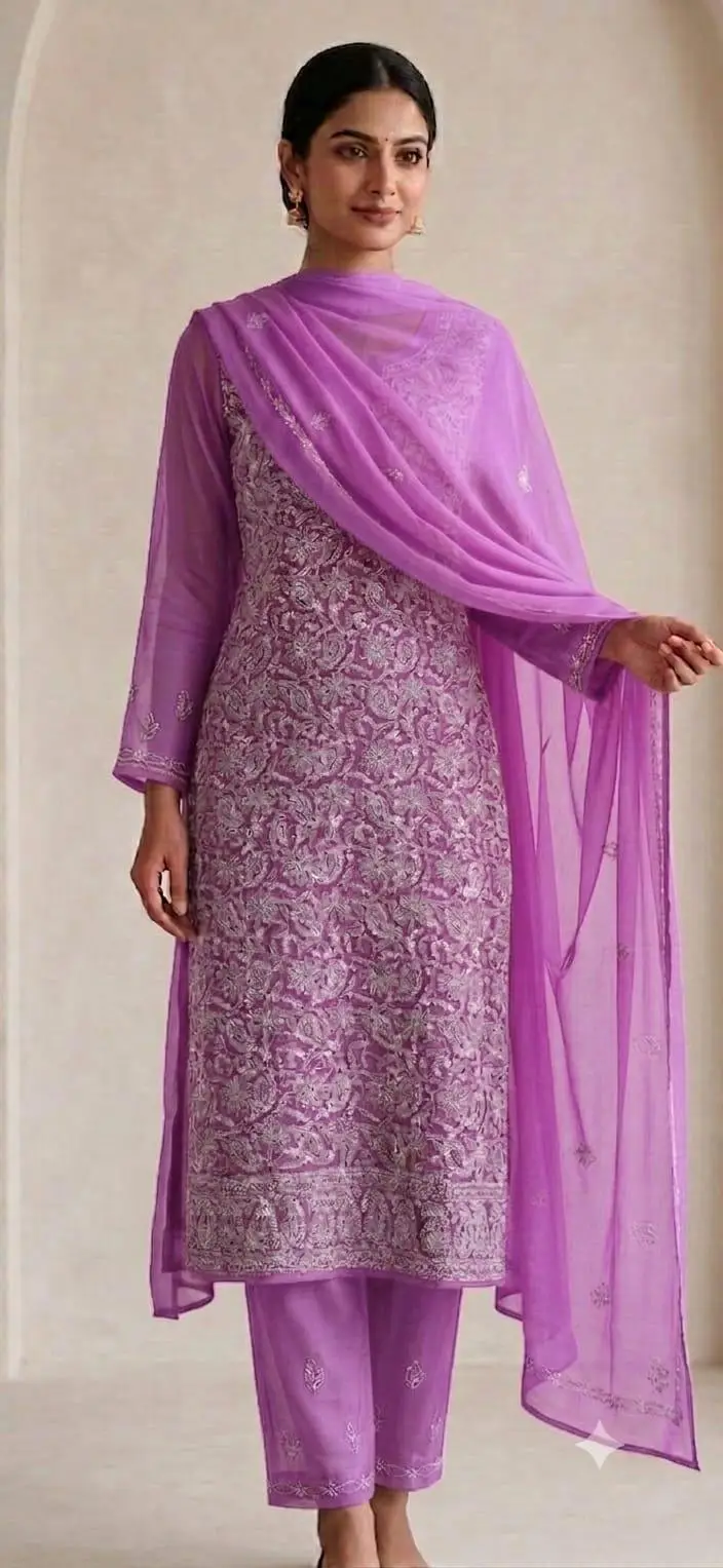 UNSTITCHED CHIFFON DRESS MATERIAL (KURTI, DUPATTA BOTTOM)- LAVENDER