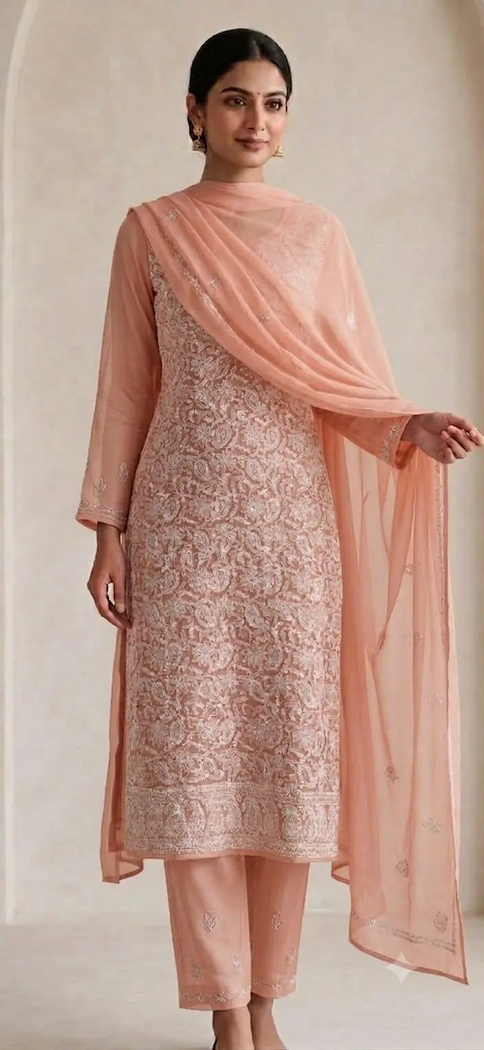 UNSTITCHED CHIFFON DRESS MATERIAL (KURTI, DUPATTA BOTTOM) - PEACH