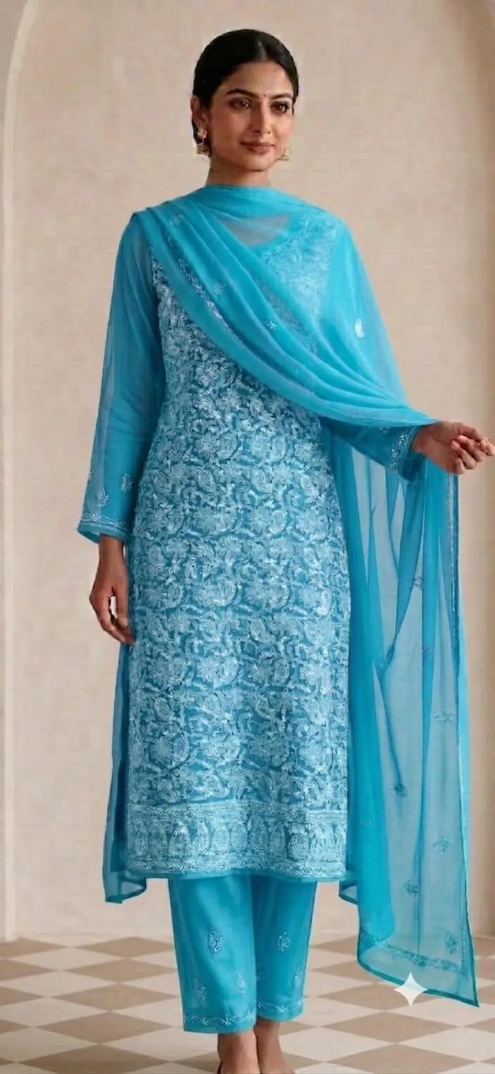 UNSTITCHED CHIFFON DRESS MATERIAL (KURTI, DUPATTA BOTTOM) - BLUE