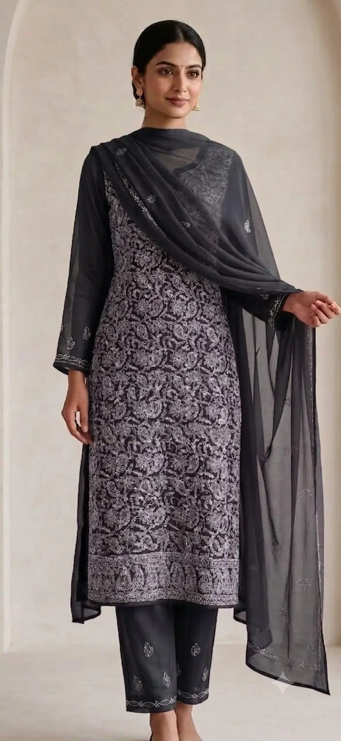 UNSTITCHED CHIFFON DRESS MATERIAL (KURTI, DUPATTA BOTTOM)- BLACK