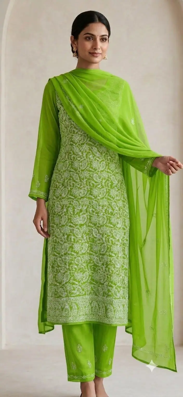 UNSTITCHED CHIFFON DRESS MATERIAL (KURTI, DUPATTA BOTTOM) - PARROT GREEN