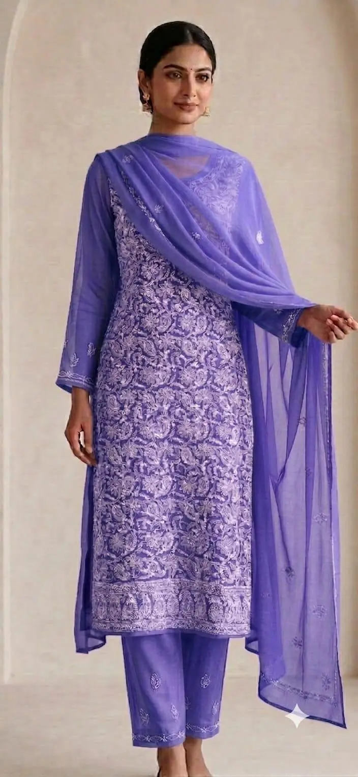 UNSTITCHED CHIFFON DRESS MATERIAL (KURTI, DUPATTA BOTTOM) - PURPLE
