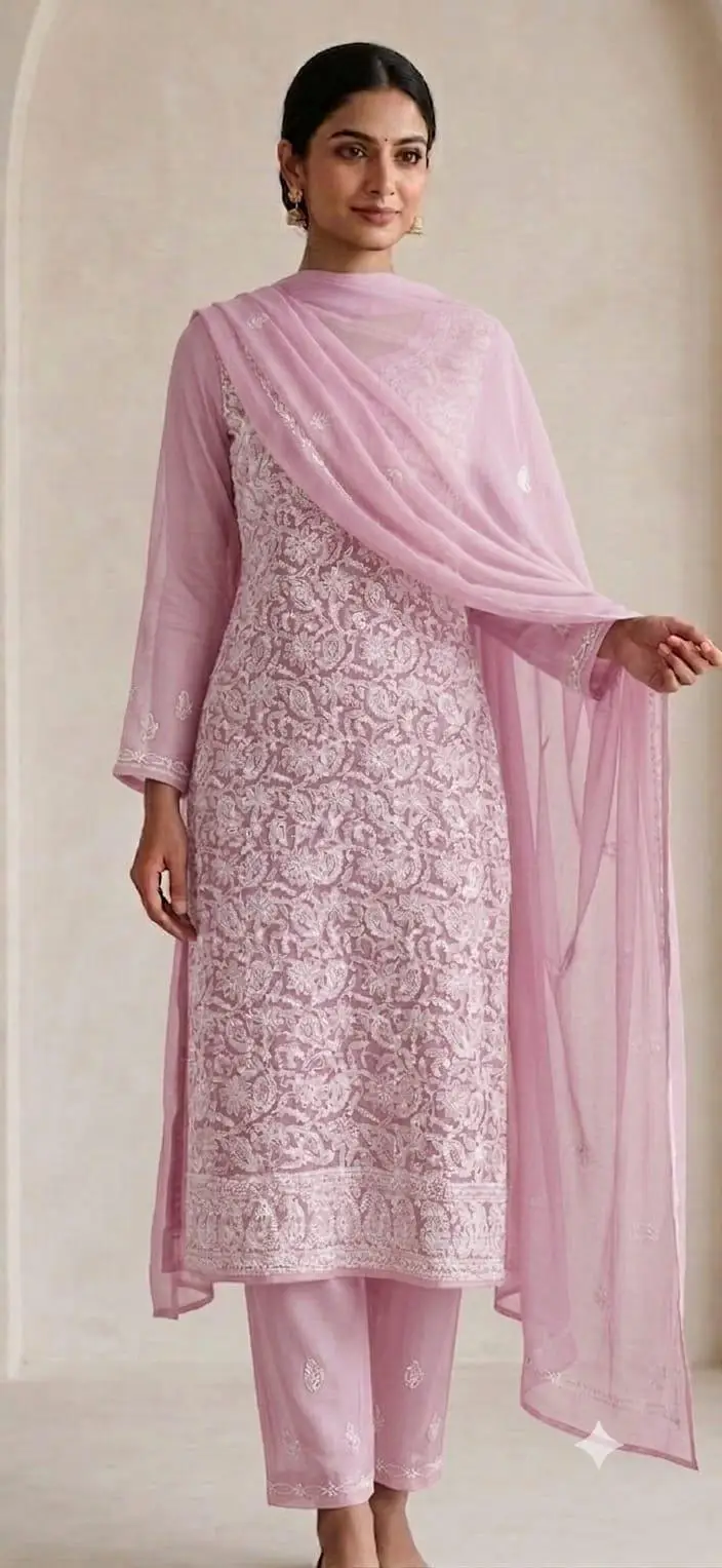UNSTITCHED CHIFFON DRESS MATERIAL (KURTI, DUPATTA BOTTOM) - POWDER PINK
