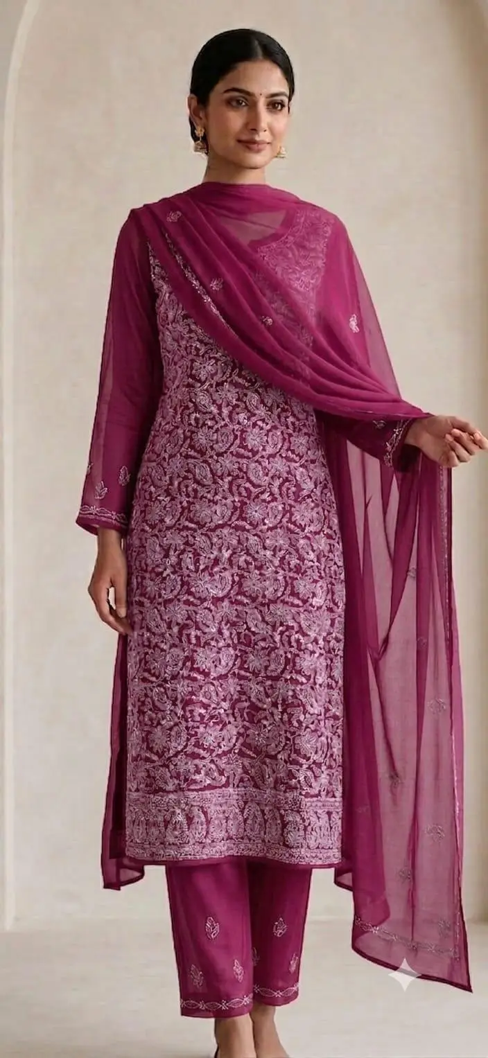 UNSTITCHED CHIFFON DRESS MATERIAL (KURTI, DUPATTA BOTTOM) - WINE