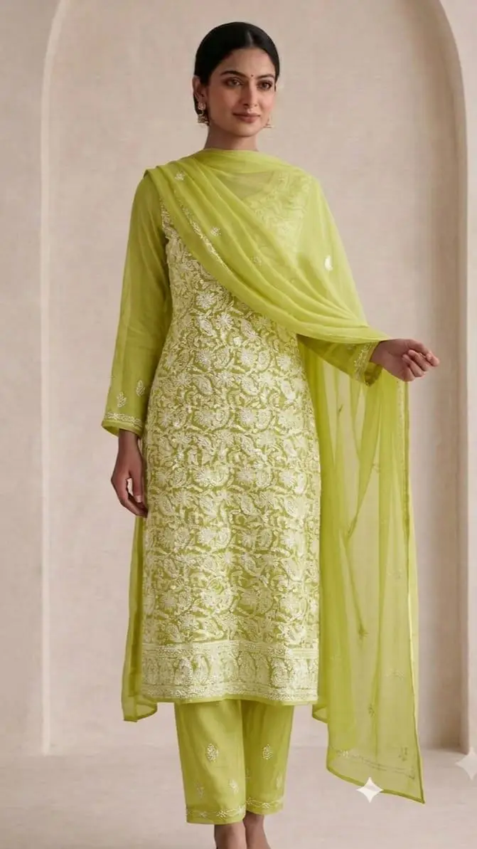 UNSTITCHED CHIFFON DRESS MATERIAL (KURTI, DUPATTA BOTTOM) - BRASS
