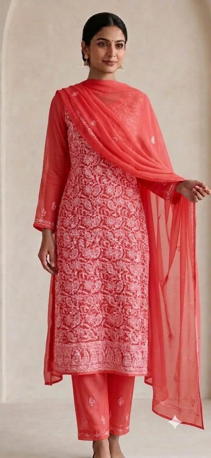 UNSTITCHED CHIFFON DRESS MATERIAL (KURTI, DUPATTA BOTTOM) - CARROT