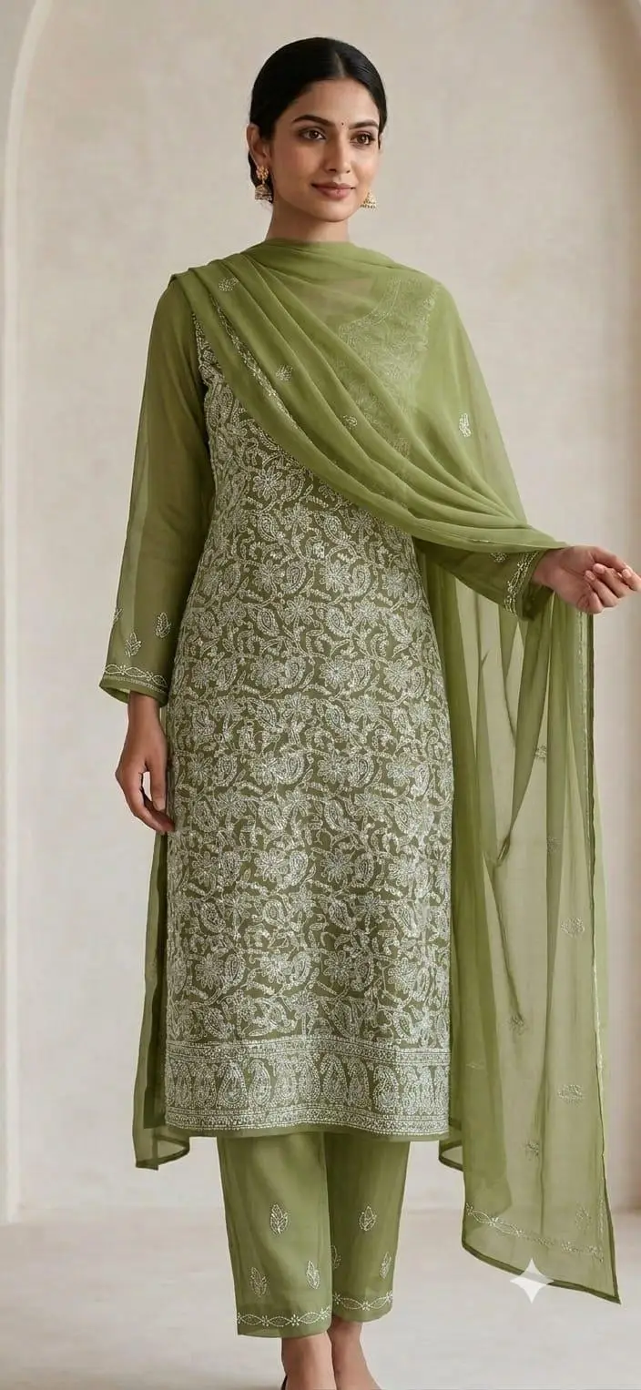 UNSTITCHED CHIFFON DRESS MATERIAL (KURTI, DUPATTA BOTTOM) - military green