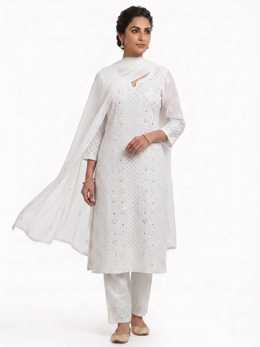 UNSTITCHED MAL COTTON DRESS MATERIAL CHIKAN EMROIDERY WITH MUKESH WORK (KURTI, DUPATTA BOTTOM) - WHITE