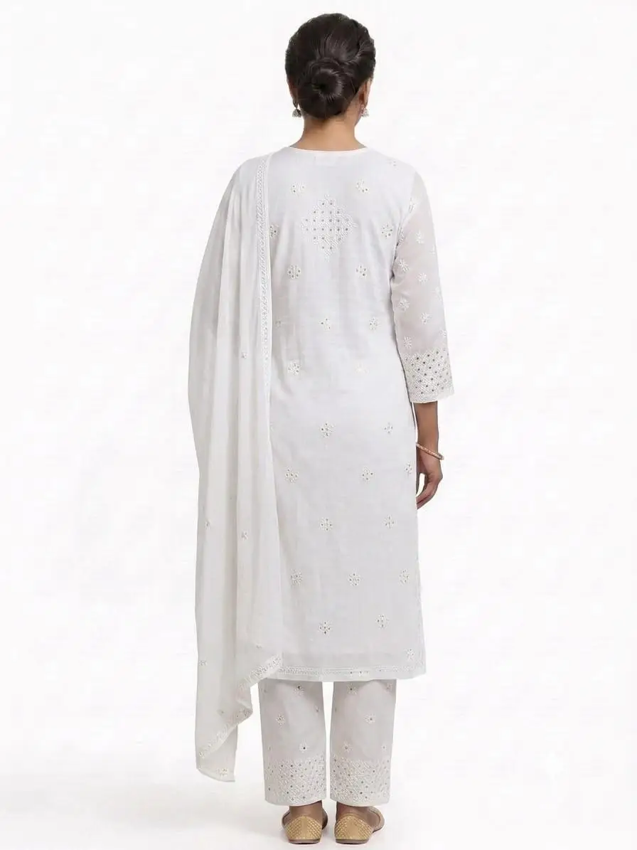 UNSTITCHED  MAL COTTON DRESS MATERIAL CHIKAN EMROIDERY WITH MUKESH WORK   (KURTI, DUPATTA BOTTOM) - WHITE view 2