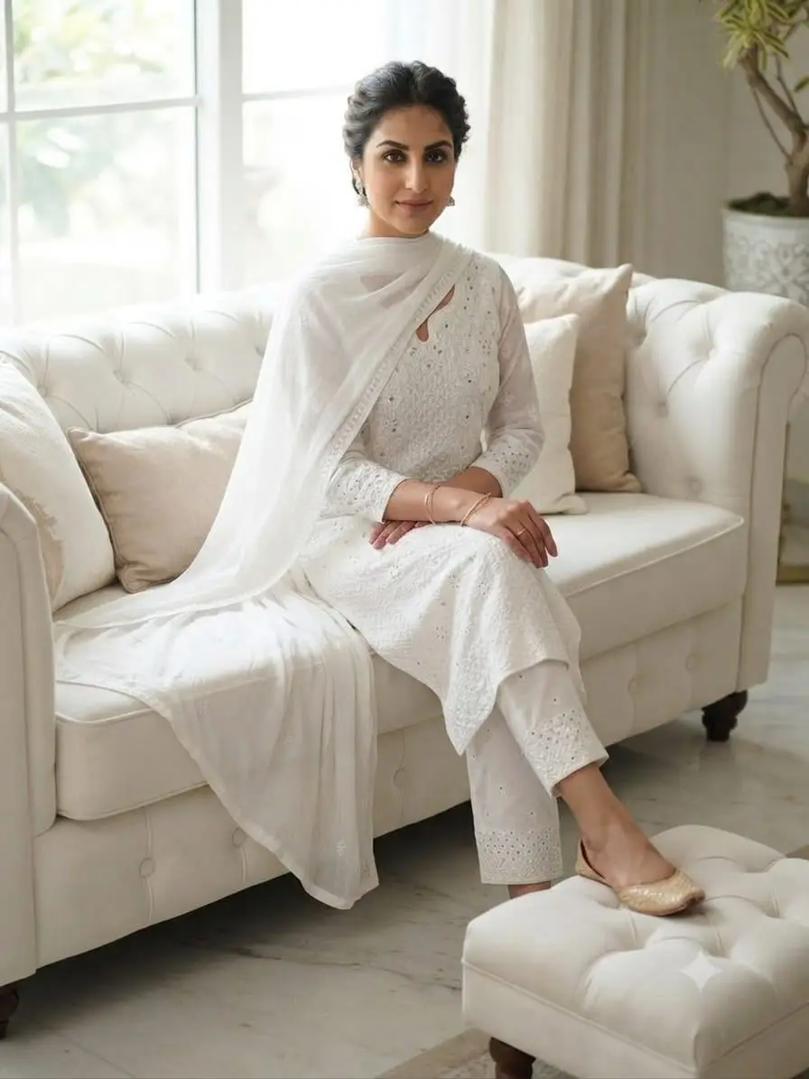 UNSTITCHED  MAL COTTON DRESS MATERIAL CHIKAN EMROIDERY WITH MUKESH WORK   (KURTI, DUPATTA BOTTOM) - WHITE view 3