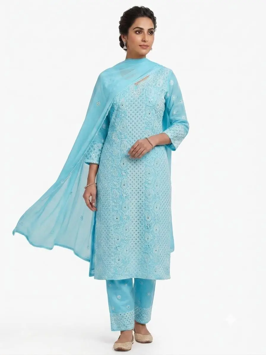 UNSTITCHED MAL COTTON DRESS MATERIAL CHIKAN EMROIDERY WITH MUKESH WORK (KURTI, DUPATTA BOTTOM) - BLUE