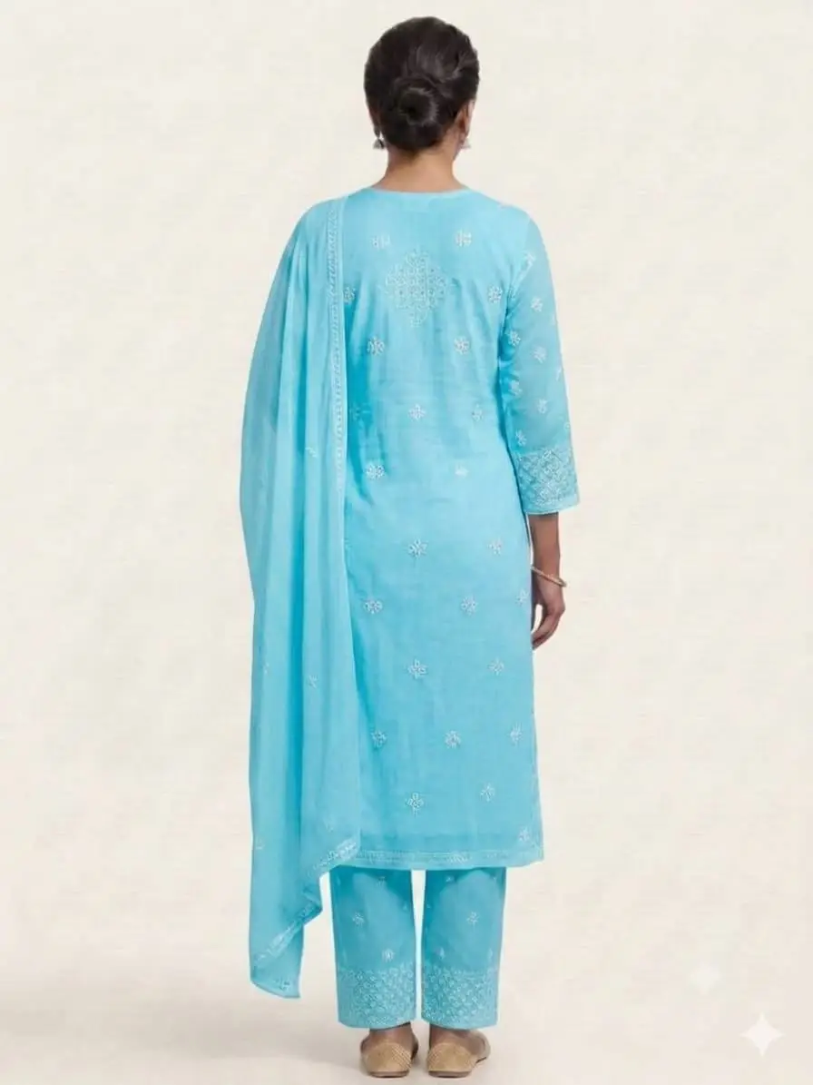 UNSTITCHED  MAL COTTON DRESS MATERIAL CHIKAN EMROIDERY WITH MUKESH WORK   (KURTI, DUPATTA BOTTOM) - BLUE view 2