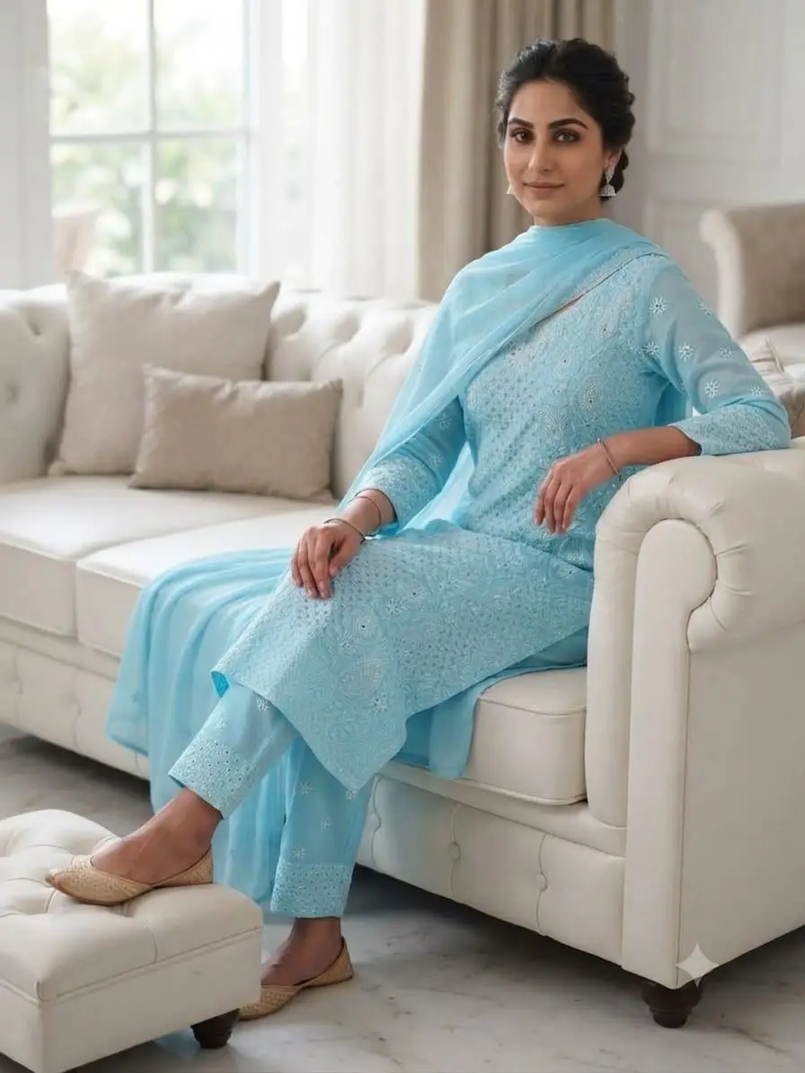 UNSTITCHED  MAL COTTON DRESS MATERIAL CHIKAN EMROIDERY WITH MUKESH WORK   (KURTI, DUPATTA BOTTOM) - BLUE view 3