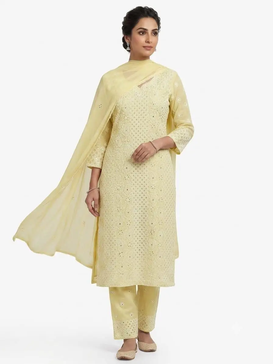 UNSTITCHED MAL COTTON DRESS MATERIAL CHIKAN EMROIDERY WITH MUKESH WORK (KURTI, DUPATTA BOTTOM) - LIGHT YELLOW