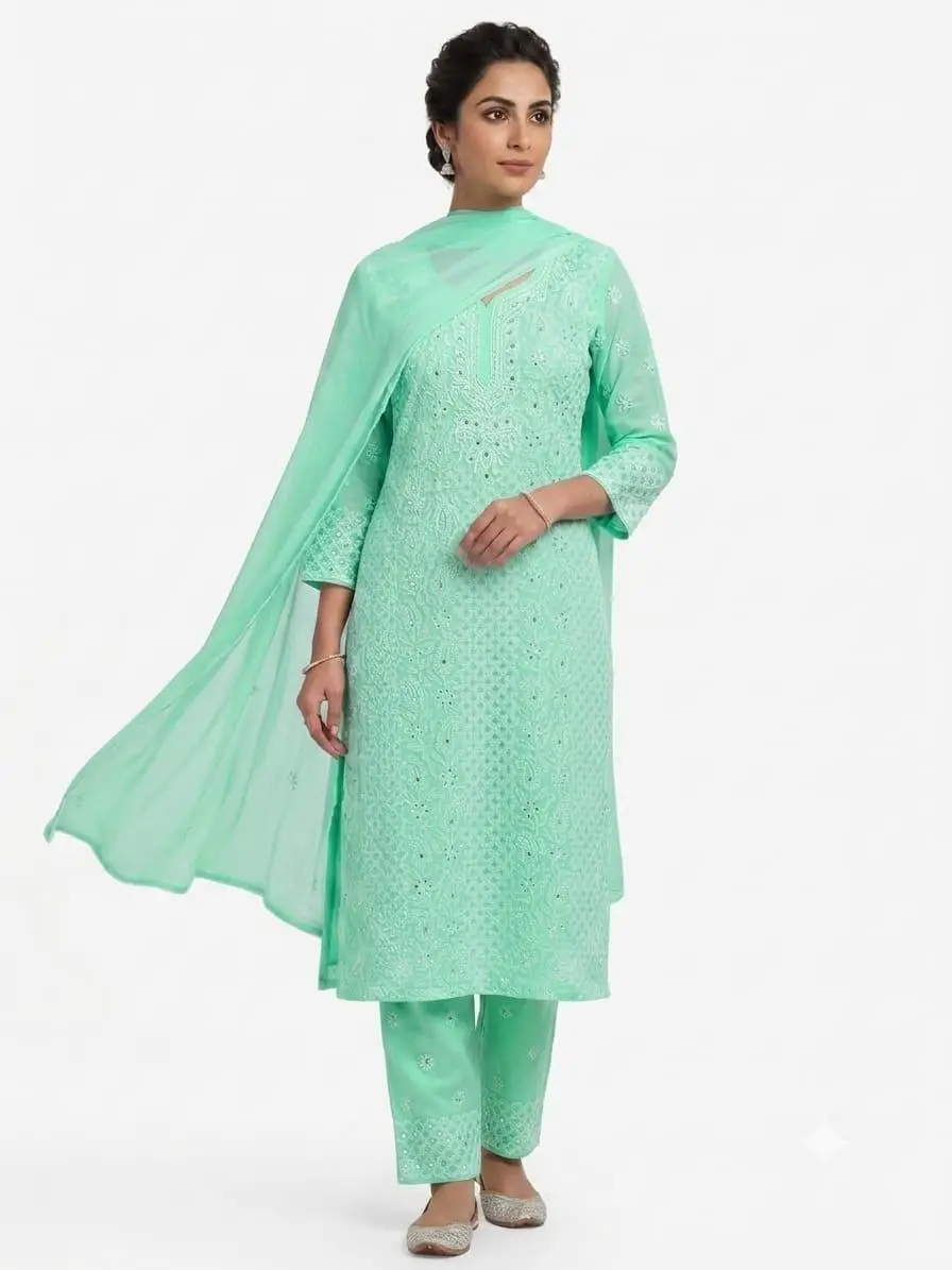 UNSTITCHED MAL COTTON DRESS MATERIAL CHIKAN EMROIDERY WITH MUKESH WORK (KURTI, DUPATTA BOTTOM) - SEA GREEN