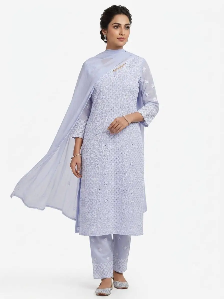 UNSTITCHED MAL COTTON DRESS MATERIAL CHIKAN EMROIDERY WITH MUKESH WORK (KURTI, DUPATTA BOTTOM) - LAVENDER