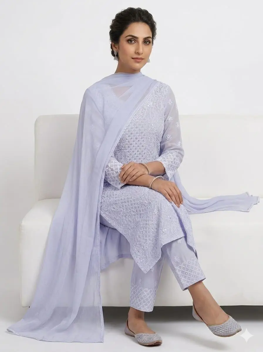 UNSTITCHED MAL COTTON DRESS MATERIAL CHIKAN EMROIDERY WITH MUKESH WORK (KURTI, DUPATTA BOTTOM) - LAVENDER view 2