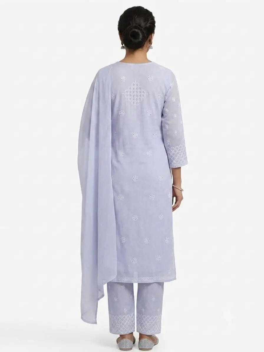 UNSTITCHED MAL COTTON DRESS MATERIAL CHIKAN EMROIDERY WITH MUKESH WORK (KURTI, DUPATTA BOTTOM) - LAVENDER view 3