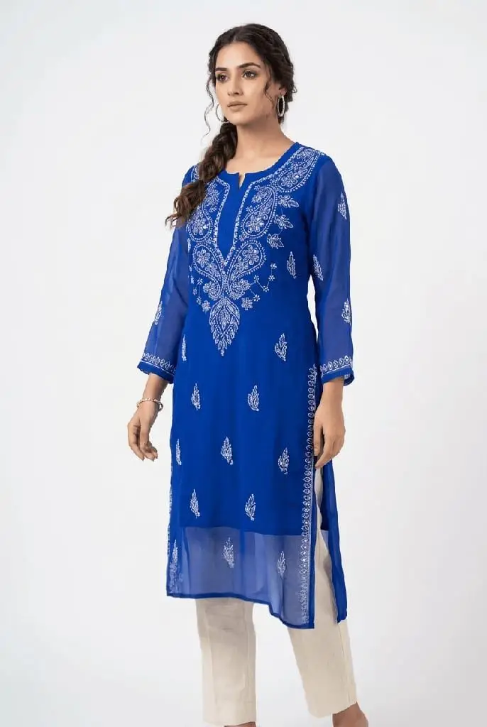 LCF WOMEN CHIFFON CHIKAN EMBROIDERY KURTI WITH MIRROR WORK - ROYAL BLUE