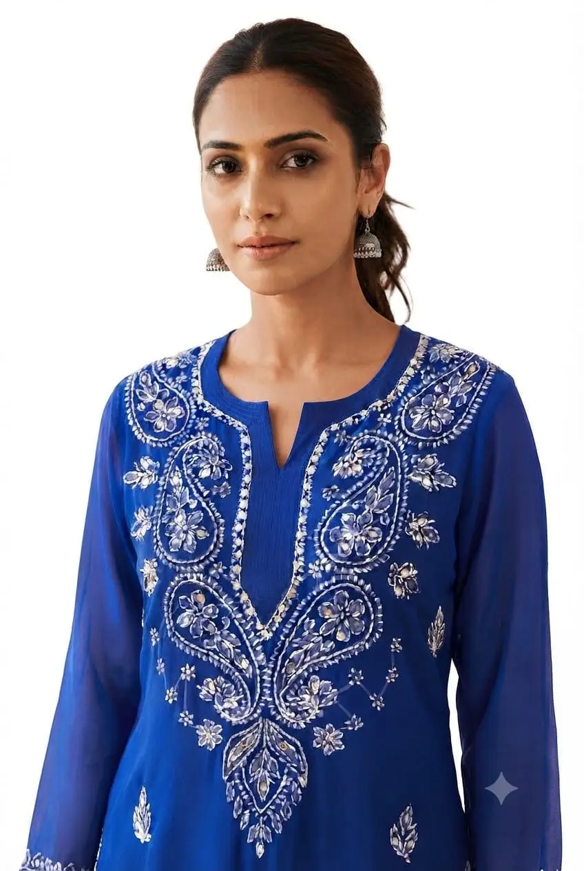 LCF WOMEN CHIFFON CHIKAN EMBROIDERY KURTI WITH MIRROR WORK - ROYAL BLUE view 2