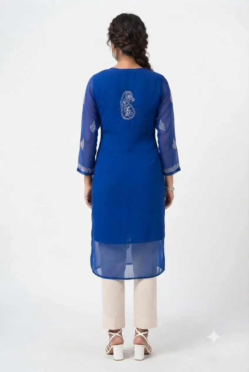 LCF WOMEN CHIFFON CHIKAN EMBROIDERY KURTI WITH MIRROR WORK - ROYAL BLUE view 3
