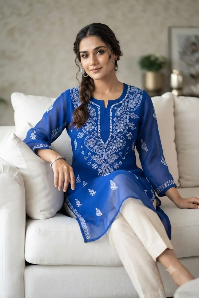 LCF WOMEN CHIFFON CHIKAN EMBROIDERY KURTI WITH MIRROR WORK - ROYAL BLUE view 4