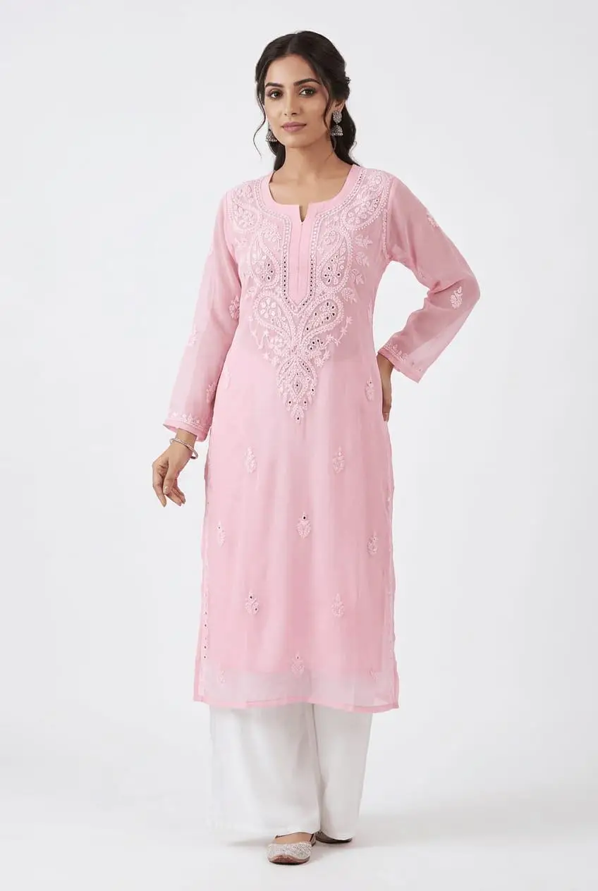 LCF WOMEN CHIFFON CHIKAN EMBROIDERY KURTI WITH MIRROR WORK - BABY PINK