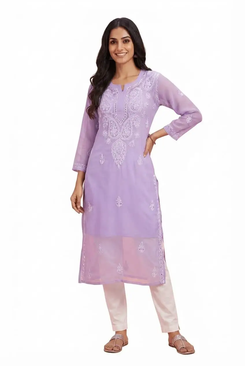 LCF WOMEN CHIFFON CHIKAN EMBROIDERY KURTI WITH MIRROR WORK - LAVENDER