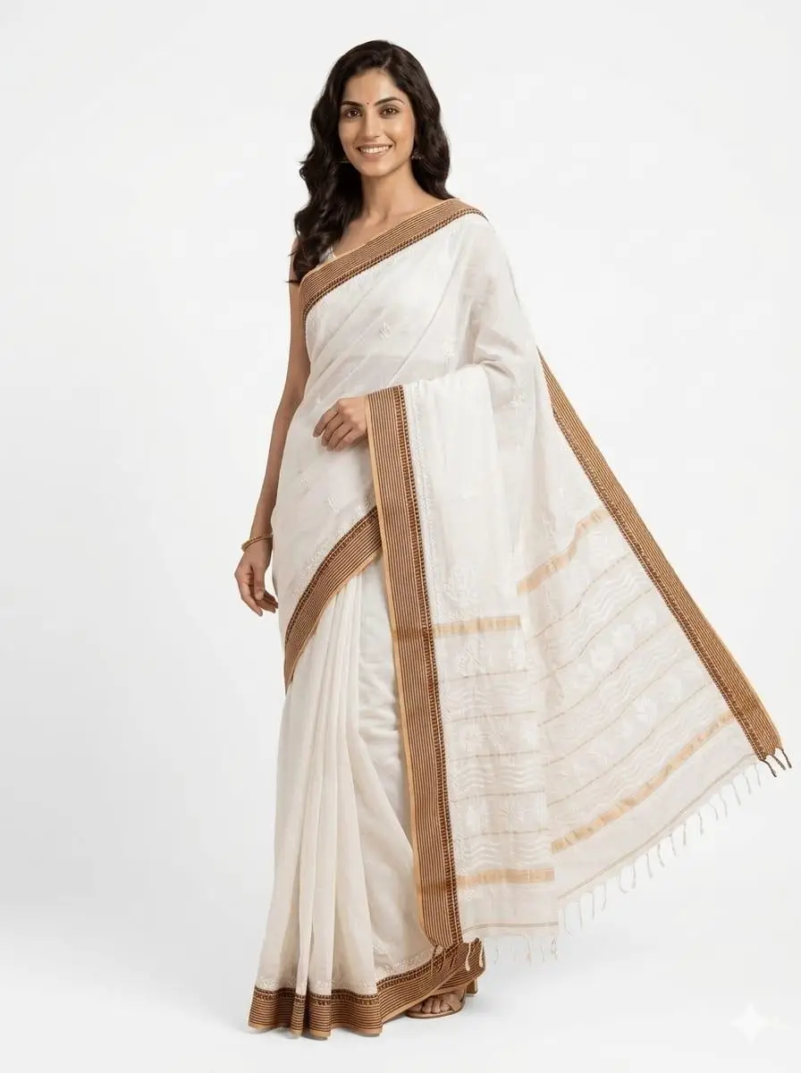 LCF CHIKAN EMBROIDERY MAL CHANDERI SAREE - WHITE