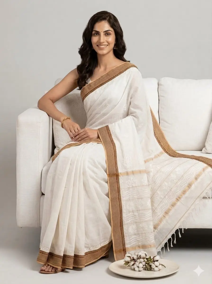 LCF CHIKAN EMBROIDERY MAL CHANDERI SAREE - WHITE view 2