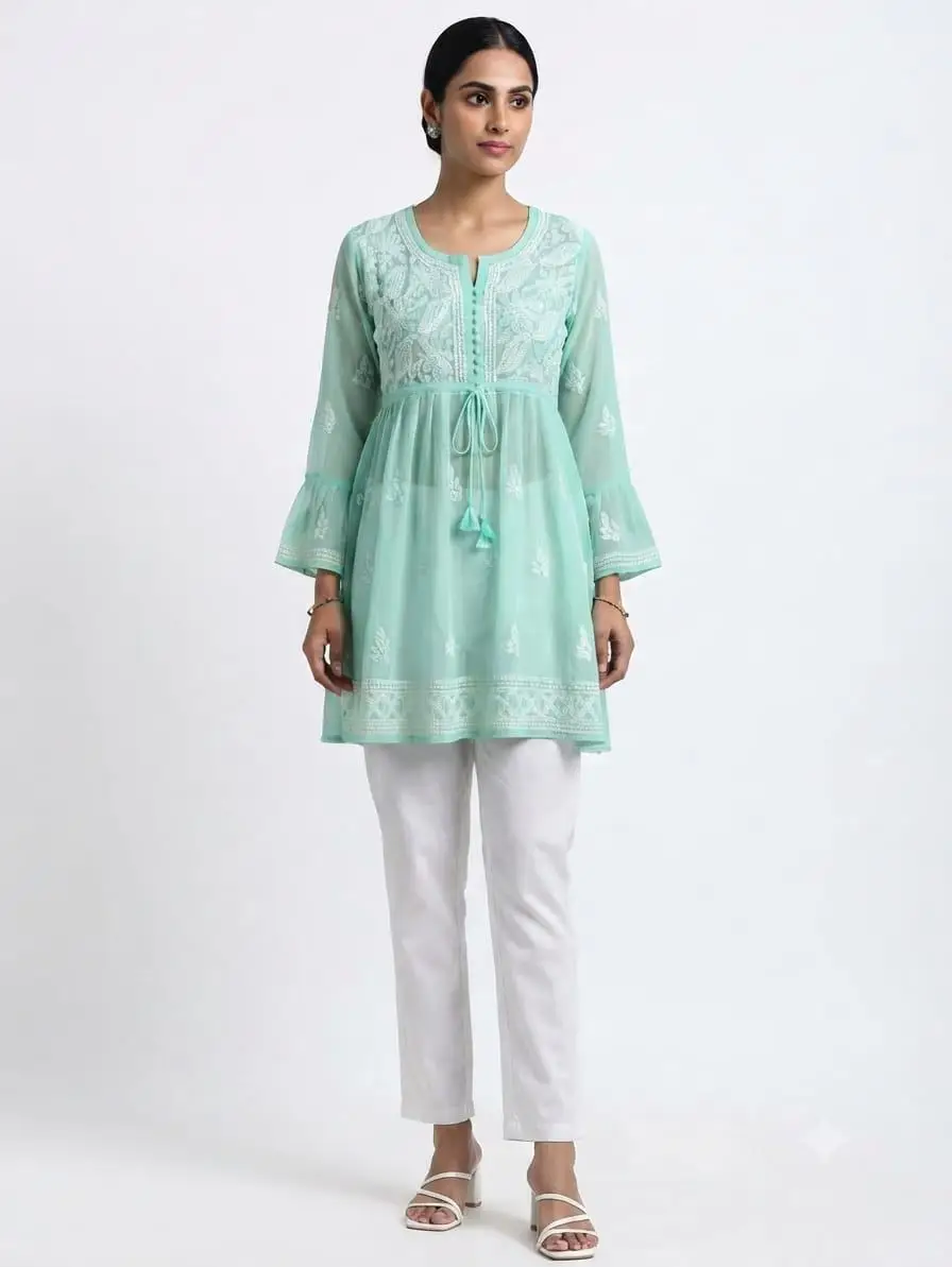 LCF CHIKAN EMBORIDERY SHORT TOP FROCK STYLE - SEA GREEN