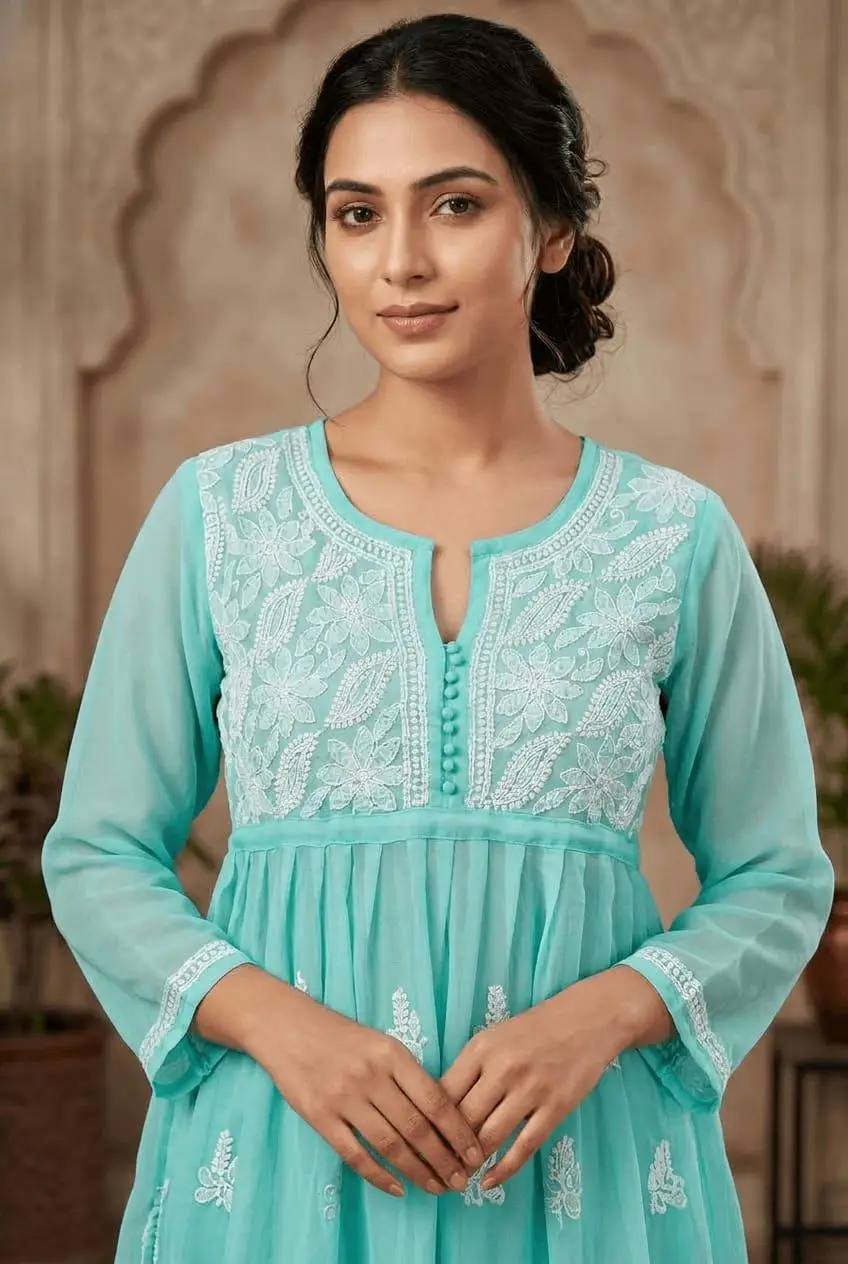 LCF CHIKAN EMBORIDERY SHORT TOP FROCK STYLE - SEA GREEN view 2