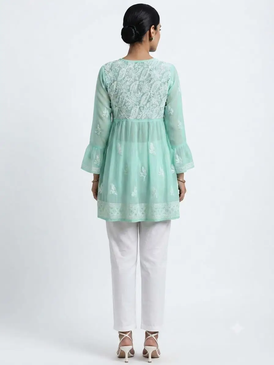 LCF CHIKAN EMBORIDERY SHORT TOP FROCK STYLE - SEA GREEN view 3