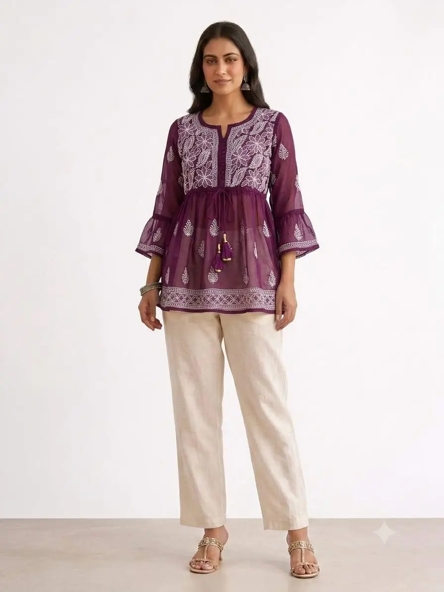 LCF CHIKAN EMBORIDERY SHORT TOP FROCK STYLE - WINE