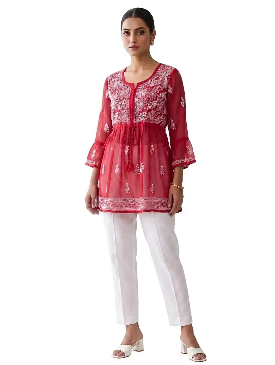 LCF CHIKAN EMBORIDERY SHORT TOP FROCK STYLE - RED