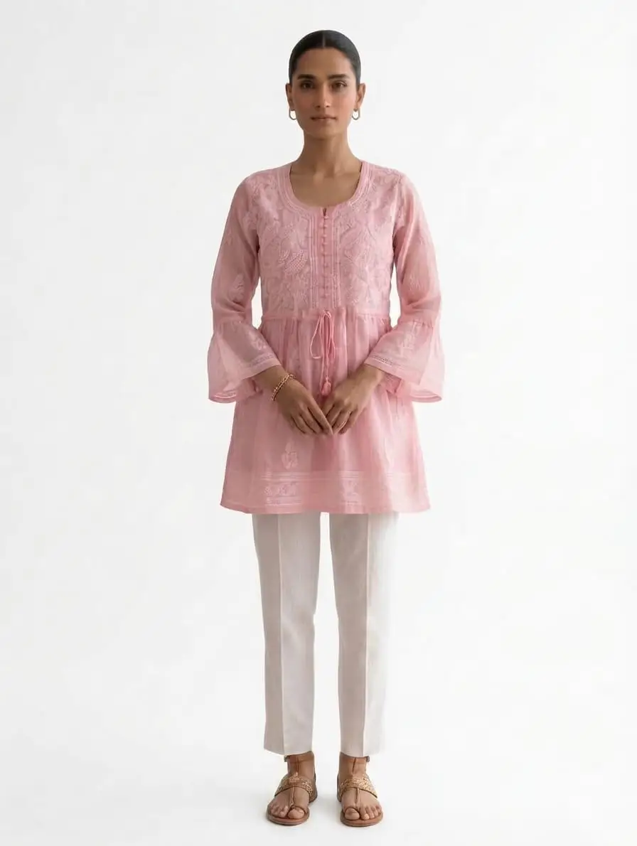 LCF CHIKAN EMBORIDERY SHORT TOP FROCK STYLE - BABY PINK