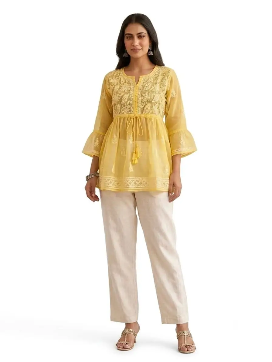 LCF CHIKAN EMBORIDERY SHORT TOP FROCK STYLE - YELLOW