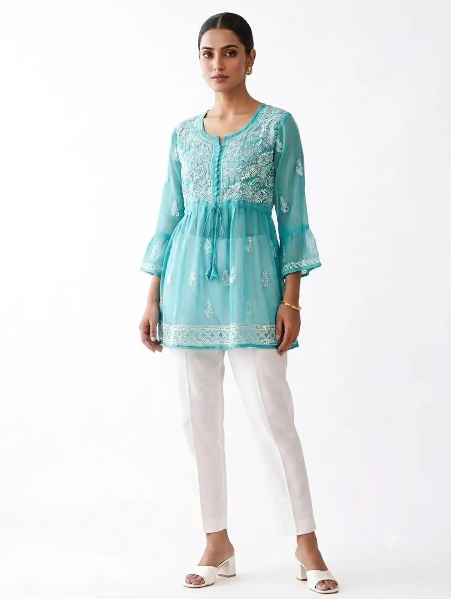 LCF CHIKAN EMBORIDERY SHORT TOP FROCK STYLE - LIGHT BLUE