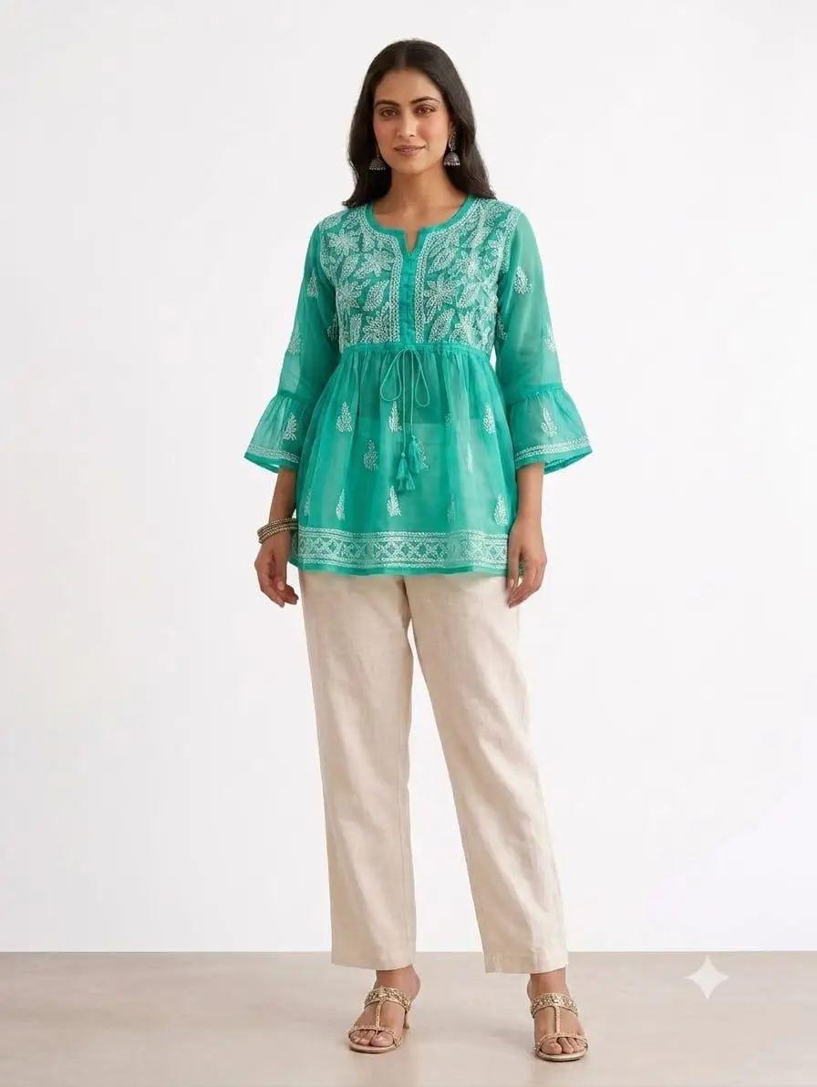 LCF CHIKAN EMBORIDERY SHORT TOP FROCK STYLE -GREEN