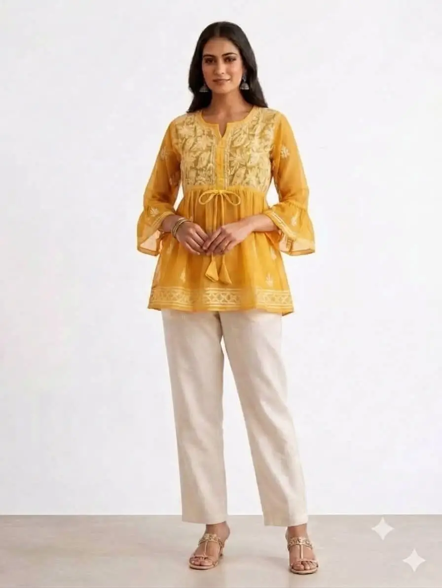 LCF CHIKAN EMBORIDERY SHORT TOP FROCK STYLE - MANGO YELLOW