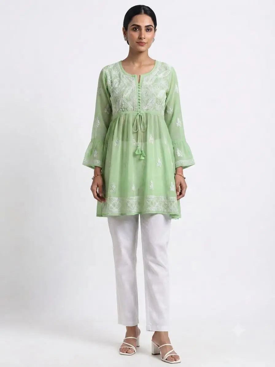 LCF CHIKAN EMBORIDERY SHORT TOP FROCK STYLE - LIGHT GREEN