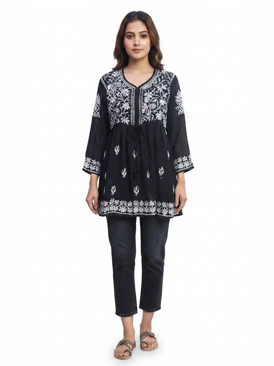 LCF CHIKAN EMBORIDERY SHORT TOP FROCK STYLE -BLACK